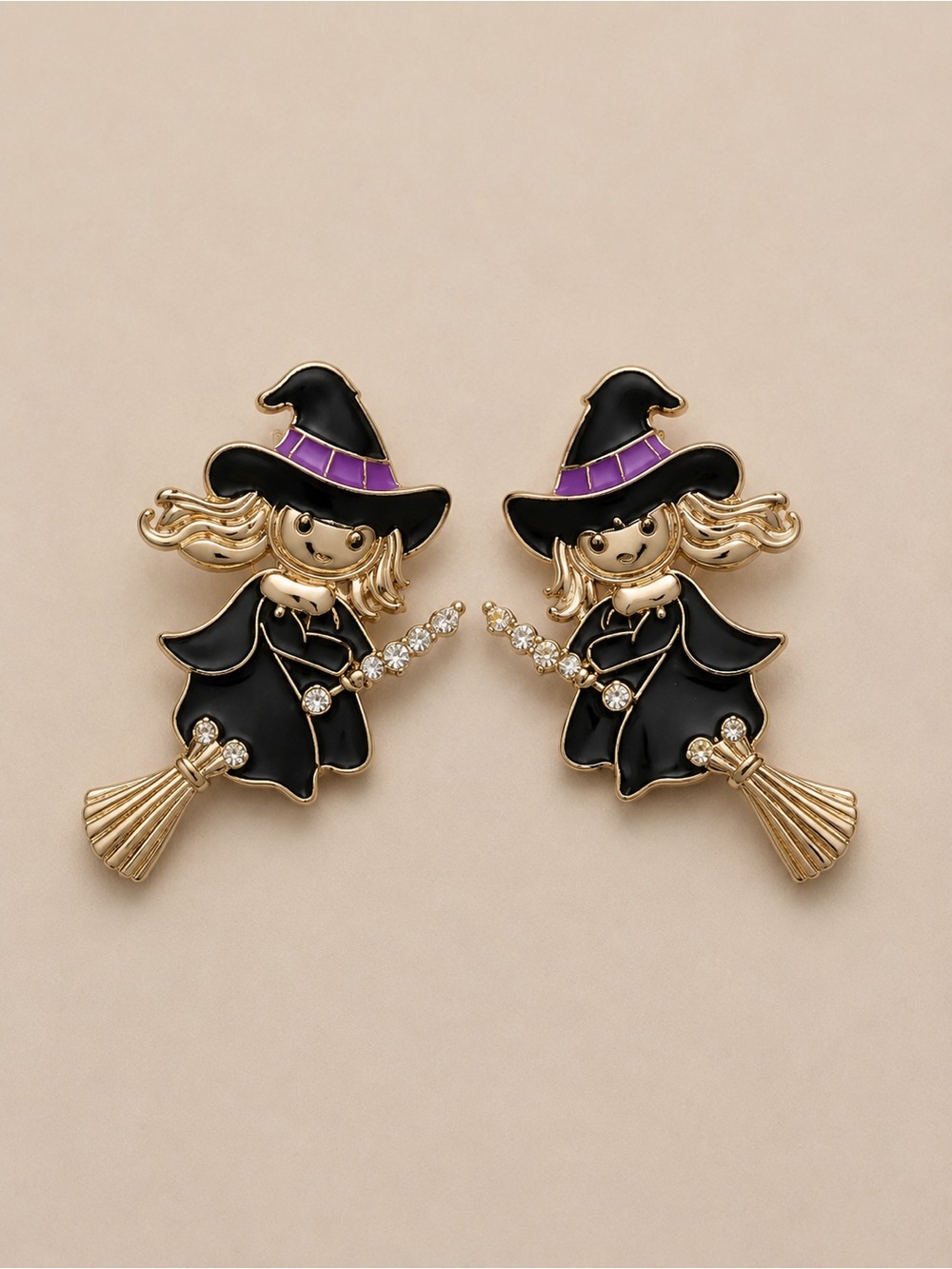 Gold-Tone Black & Purple Witch Earrings